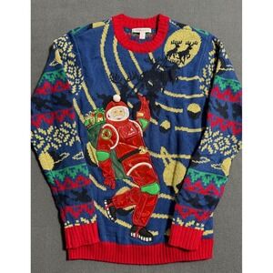 Celebrate Together Santa Claus Ugly Christmas Sweater Blue Red Metallic S Jingle